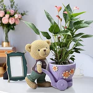 Rare Bird Cute Bear Succulent Planter with Floral Cart – Resin Mini Pot for Desk, Home or Kids Room Decor – Decorative Animal Plant Holder | No Plants or Floral Included (Purple)