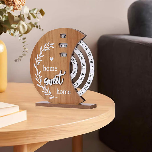 Rare Bird Wooden Perpetual Calendar Desk Decor, Vintage Rotating Day Date Month Display, Rustic Table Ornament For Office Home Study Gift (Moon Style)