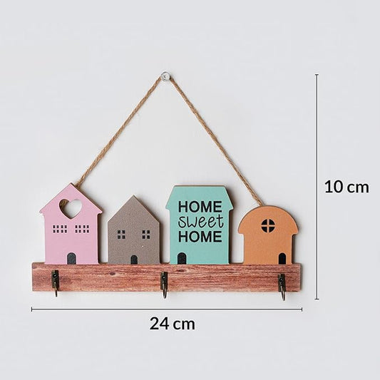 Multi-Color MDF + Iron Hanging Hooks | Multi-House Design | Matte Finish | Decorative Wall Hook Panel for Keys, Coats & Accessories | Creative Entryway & Living Room Home Décor