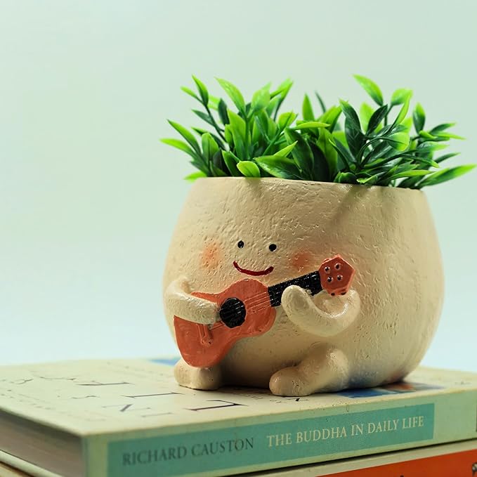 Cute Guitar Planter Pot | Smiling Planters for Home Decor | Polyresin Plant Pot for Living Room Table Home Kitchen Decoration