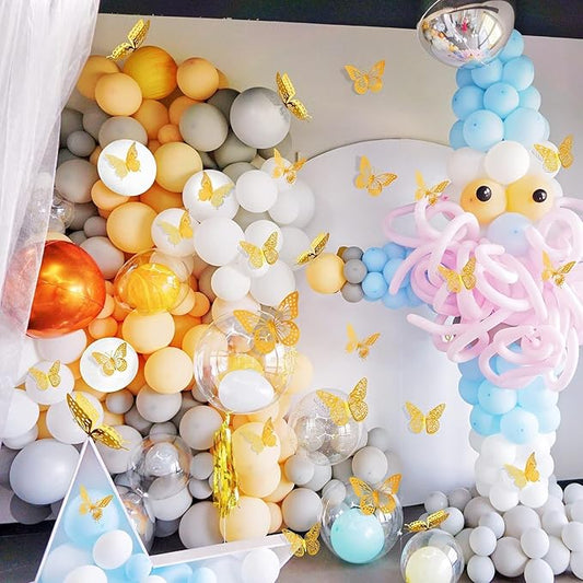 Rare Bird 3D Butterfly Wall Decor - 12pc Shiny Gold Wall Stickers, 3 Sizes & 3 Cutout-Carved Designs - DIY Decorative Decals