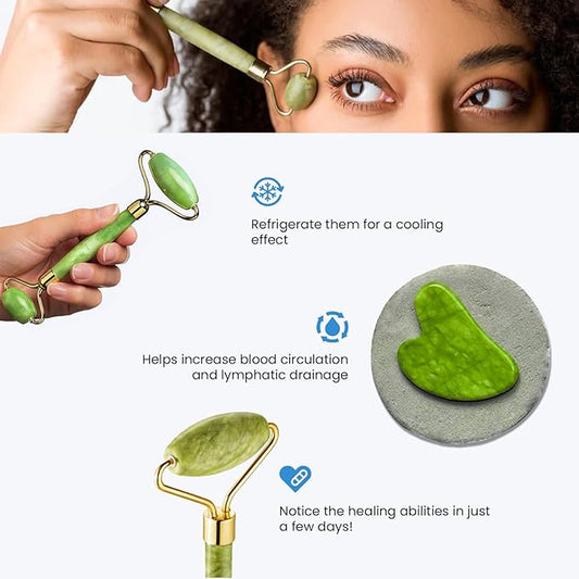 Rare Bird Jade Roller & Gua Sha Set – Natural Green Jade Facial Roller & Massage Tool for Face, Neck & Eyes – Anti-Aging, Wrinkle Reduction, Puffiness & Dark Circles Treatment – Skin Care Tool for Improved Elasticity & Microcirculation