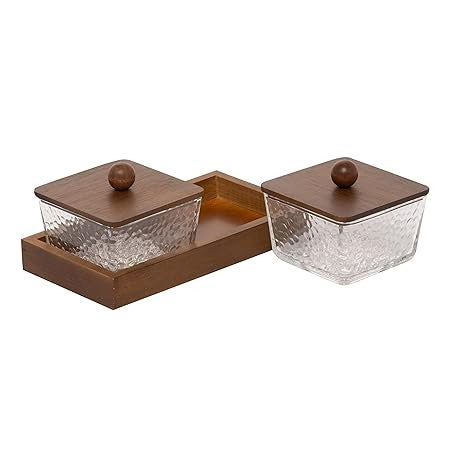 RARE BIRD Glass Storage Container Jar Bowl With Bamboo Wooden Lids And Tray