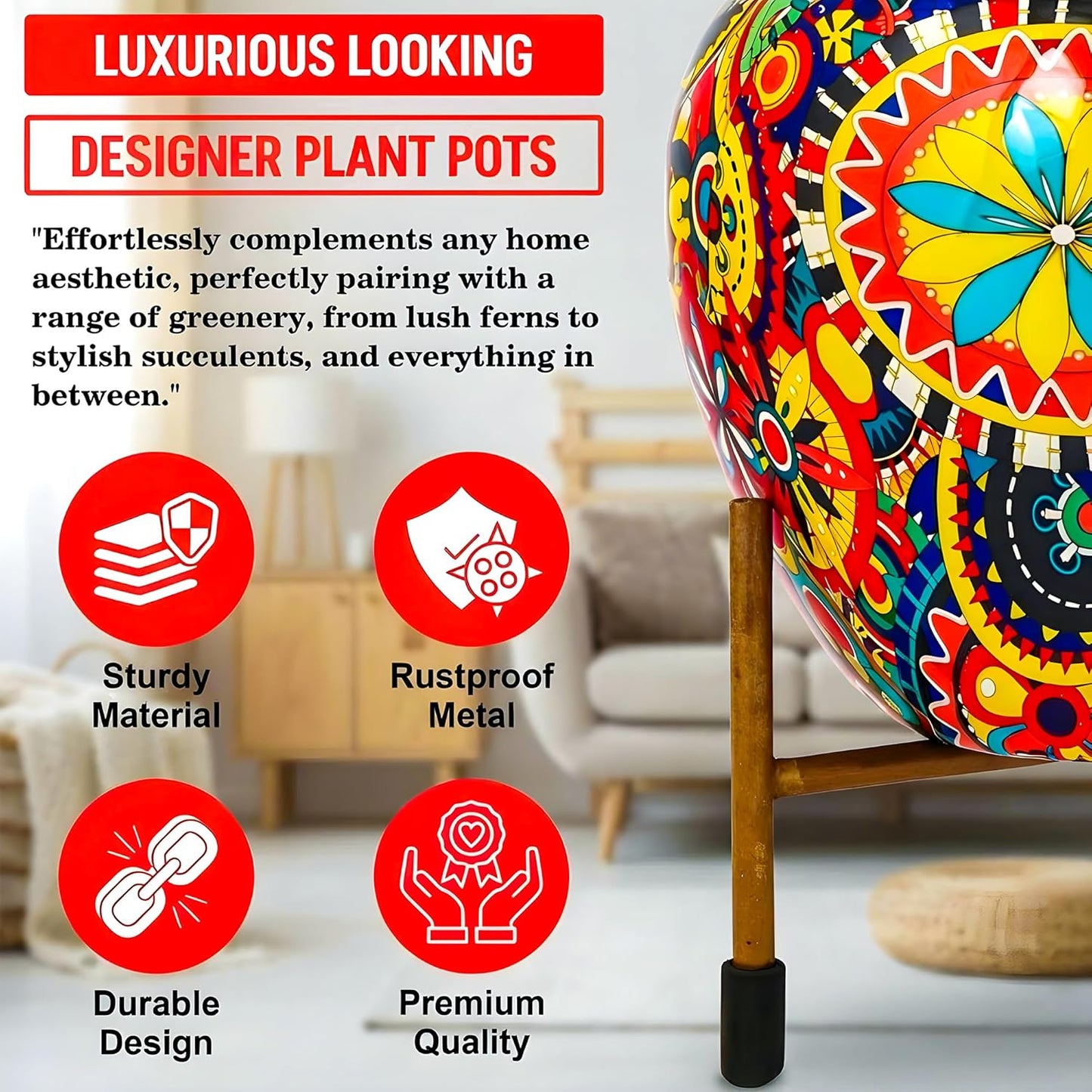 Rare Bird 6x6 Inch Metal Flower Vase Planter Pot with Iron Stand | Indoor Plant Pot for Home Decor | Mandala Fusion Spectrum Style Succulent Planter | Garden & Living Room Decoration.