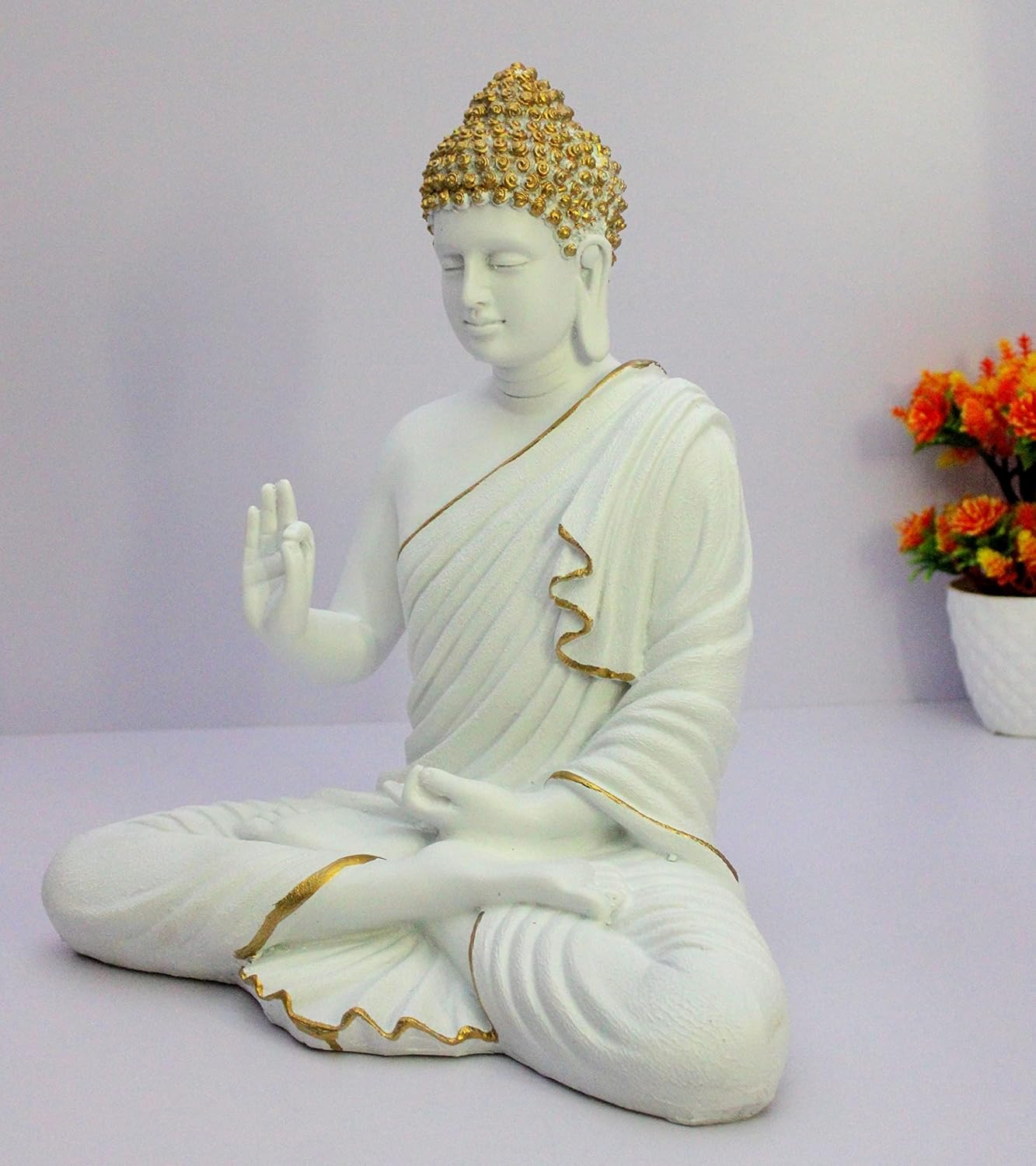 Rare Bird Resin Meditating Buddha Showpiece | Home Decor | Idol Statue Figurine Murti | Tibetan Buddhist Statue - 14" Inches Height - Big Size (White)