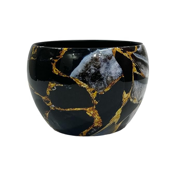 RARE BIRD HOUSE DECOR GOLDEN & WHITE Marble Print Metal Pot