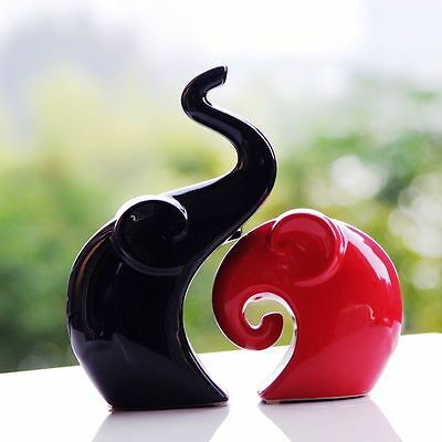 Rare Bird Home Decor Happy Charm Elephant Couple | Piano Finish Ceramic Figures (Set of 2 Piece, Red & Black)