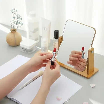 Wooden Desk Square Makeup Mirror - 360 Degree Rotatable, Eco-Friendly Cosmetic Mirror With Adjustable Wooden Stand | Compact Vanity Mirror For Bedroom & Dressing Table,Tabletop