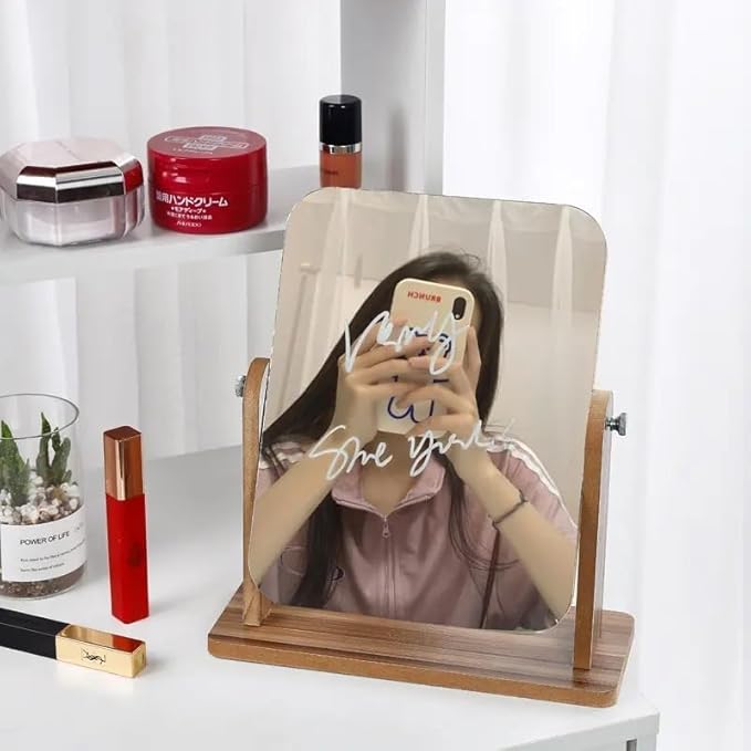 Wooden Desk Square Makeup Mirror - 360 Degree Rotatable, Eco-Friendly Cosmetic Mirror With Adjustable Wooden Stand | Compact Vanity Mirror For Bedroom & Dressing Table,Tabletop