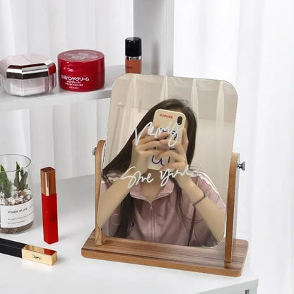 Wooden Desk Square Makeup Mirror - 360 Degree Rotatable, Eco-Friendly Cosmetic Mirror With Adjustable Wooden Stand | Compact Vanity Mirror For Bedroom & Dressing Table,Tabletop