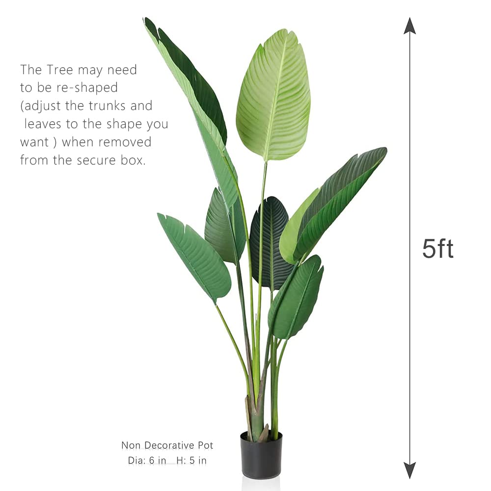 Rare Bird 5ft Artificial Bird of Paradise Plant 59in Fake Tropical Palm Tree,Realistic Faux Silk Plants for Home Office Indoor Outdoor Decor,Black Pot & 20gÃ‚ Dry Moss Included