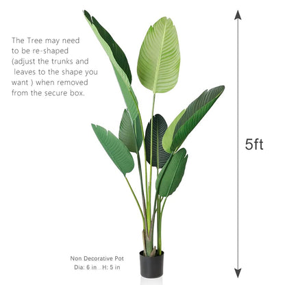 Rare Bird 5ft Artificial Bird of Paradise Plant 59in Fake Tropical Palm Tree,Realistic Faux Silk Plants for Home Office Indoor Outdoor Decor,Black Pot & 20gÃ‚ Dry Moss Included