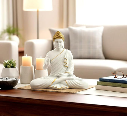 Rare  Bird Resin Meditating Buddha Showpiece | Home Decor | Idol Statue Figurine Murti | Tibetan Buddhist Statue - 14" Inches Height - Big Size (White)