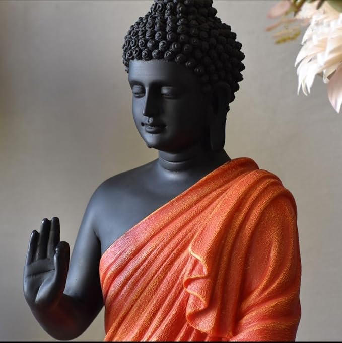 Rare Bird Blessing Buddha Statue for Home & Office Decor, Marble Dust Idol Statue of Resin 15 Inch (Orange & Black)