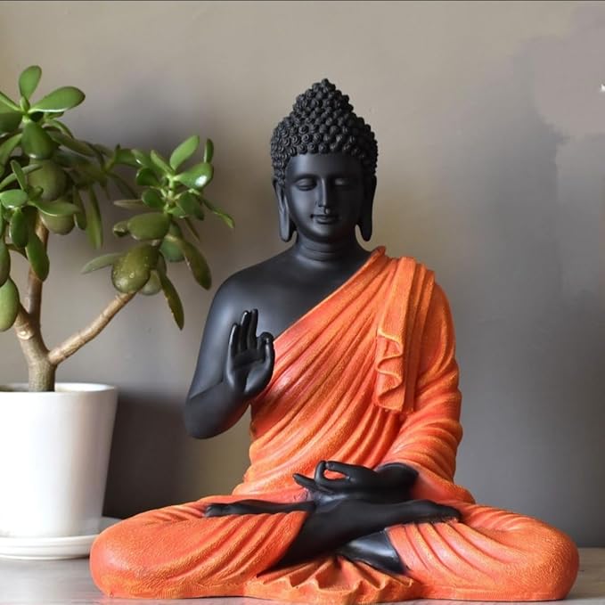 Rare Bird Blessing Buddha Statue for Home & Office Decor, Marble Dust Idol Statue of Resin 15 Inch (Orange & Black)