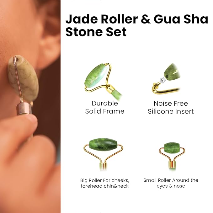 Rare Bird Jade Roller & Gua Sha Set – Natural Green Jade Facial Roller & Massage Tool for Face, Neck & Eyes – Anti-Aging, Wrinkle Reduction, Puffiness & Dark Circles Treatment – Skin Care Tool for Improved Elasticity & Microcirculation