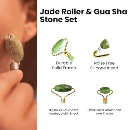 Rare Bird Jade Roller & Gua Sha Set – Natural Green Jade Facial Roller & Massage Tool for Face, Neck & Eyes – Anti-Aging, Wrinkle Reduction, Puffiness & Dark Circles Treatment – Skin Care Tool for Improved Elasticity & Microcirculation