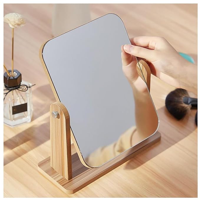 Wooden Desk Square Makeup Mirror - 360 Degree Rotatable, Eco-Friendly Cosmetic Mirror With Adjustable Wooden Stand | Compact Vanity Mirror For Bedroom & Dressing Table,Tabletop