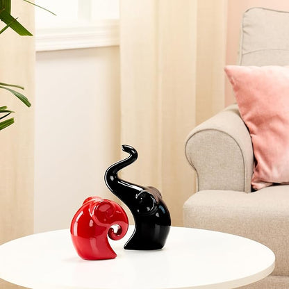 Rare Bird Home Decor Happy Charm Elephant Couple | Piano Finish Ceramic Figures (Set of 2 Piece, Red & Black)