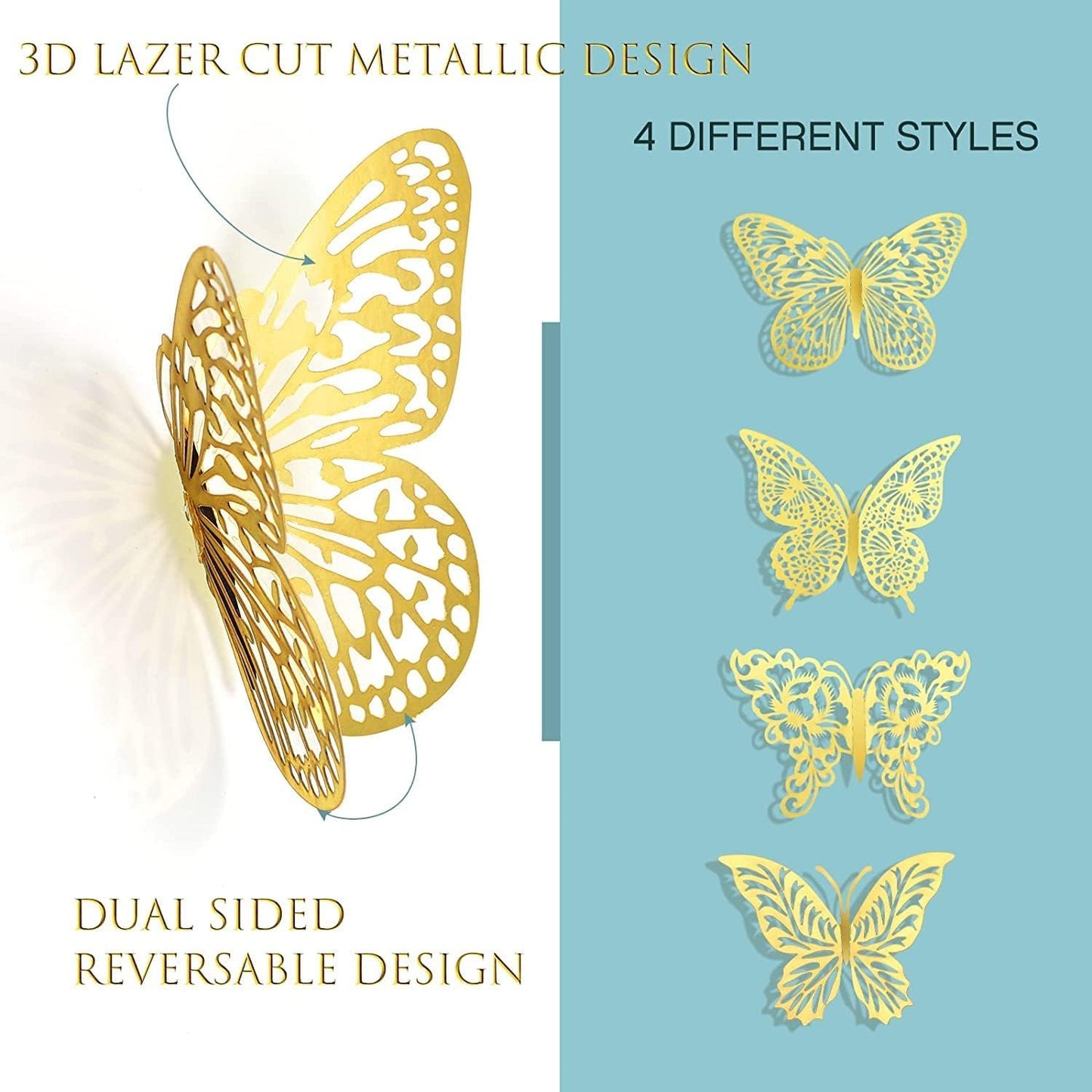 Rare Bird 3D Butterfly Wall Decor - 12pc Shiny Gold Wall Stickers, 3 Sizes & 3 Cutout-Carved Designs - DIY Decorative Decals