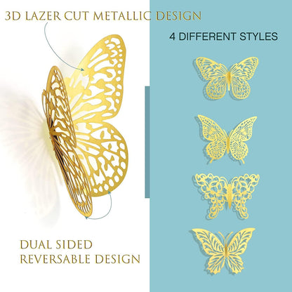 Rare Bird 3D Butterfly Wall Decor - 12pc Shiny Gold Wall Stickers, 3 Sizes & 3 Cutout-Carved Designs - DIY Decorative Decals