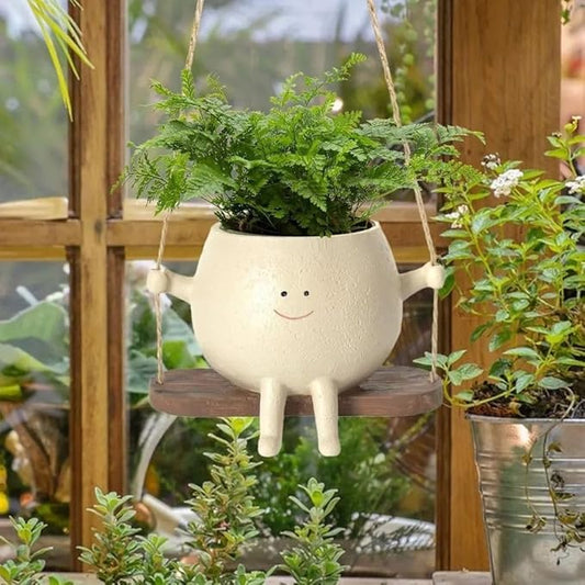Hanging Smiley Planter Pot – Cute Swing Style Resin Pot for Succulents, Balcony & Indoor Outdoor Home Décor | No Plants or Floral Included (Swing Face Planter Pot)