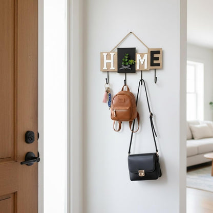 Rare Bird  Wall Mounted Key Holder with Hooks, Wooden “Home” Letter Blocks, Black & Natural Wood Finish Decorative Eucalyptus Accent, Rustic Entryway Home Décor