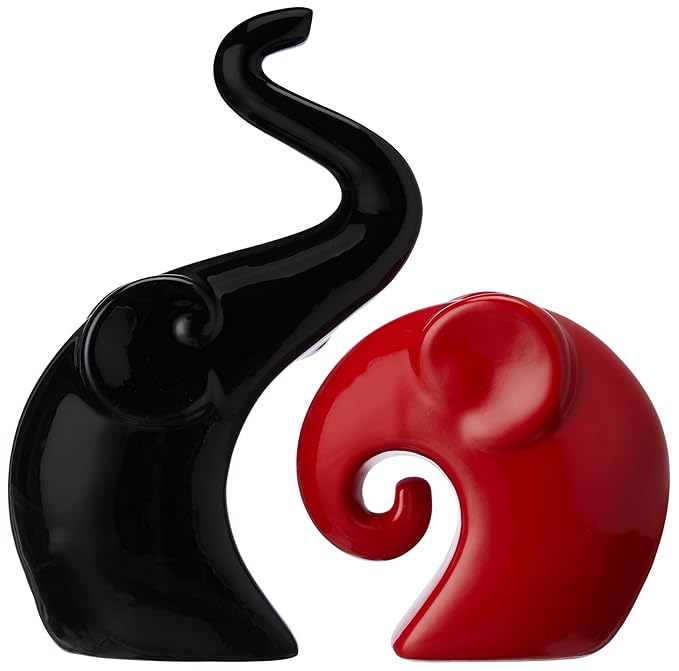 Rare Bird Home Decor Happy Charm Elephant Couple | Piano Finish Ceramic Figures (Set of 2 Piece, Red & Black)