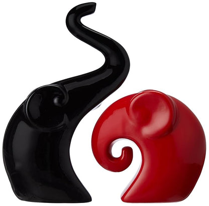 Rare Bird Home Decor Happy Charm Elephant Couple | Piano Finish Ceramic Figures (Set of 2 Piece, Red & Black)