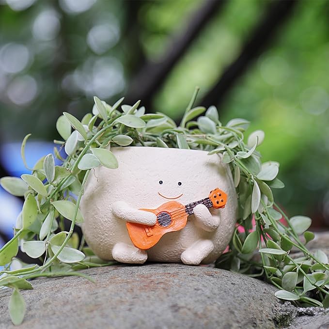 Cute Guitar Planter Pot | Smiling Planters for Home Decor | Polyresin Plant Pot for Living Room Table Home Kitchen Decoration
