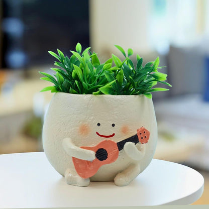 Cute Guitar Planter Pot | Smiling Planters for Home Decor | Polyresin Plant Pot for Living Room Table Home Kitchen Decoration