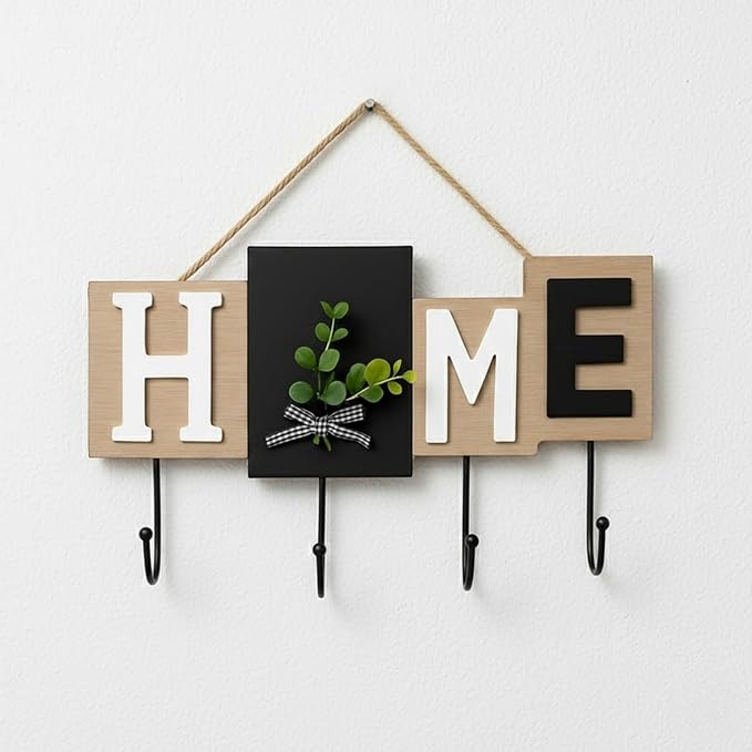 Rare Bird  Wall Mounted Key Holder with Hooks, Wooden “Home” Letter Blocks, Black & Natural Wood Finish Decorative Eucalyptus Accent, Rustic Entryway Home Décor