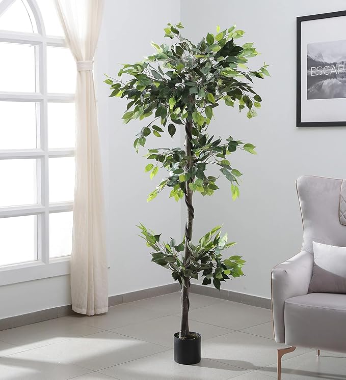 Artificial Ficus Tree, 6ft Realistic look  Plant with,Pot Faux Silk Leaves Trees and Natural Trunk for Living Room Home Office Decor Indoor (6 FEET Plants)
