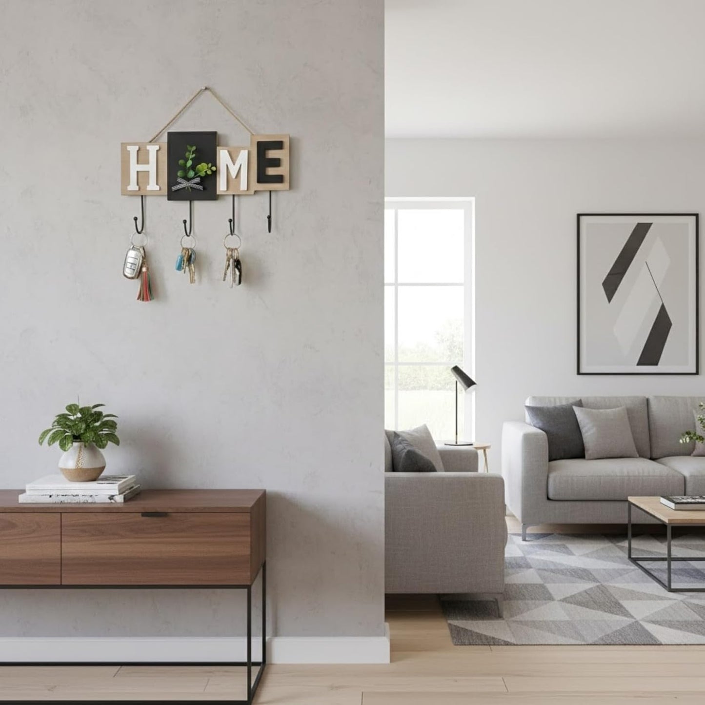 Rare Bird  Wall Mounted Key Holder with Hooks, Wooden “Home” Letter Blocks, Black & Natural Wood Finish Decorative Eucalyptus Accent, Rustic Entryway Home Décor