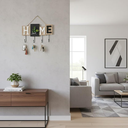 Rare Bird  Wall Mounted Key Holder with Hooks, Wooden “Home” Letter Blocks, Black & Natural Wood Finish Decorative Eucalyptus Accent, Rustic Entryway Home Décor