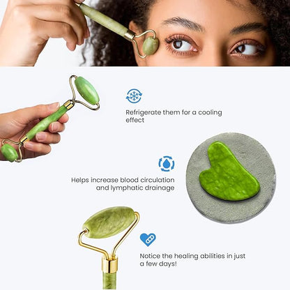 Rare Bird Jade Roller & Gua Sha Set – Natural Green Jade Facial Roller & Massage Tool for Face, Neck & Eyes – Anti-Aging, Wrinkle Reduction, Puffiness & Dark Circles Treatment – Skin Care Tool for Improved Elasticity & Microcirculation