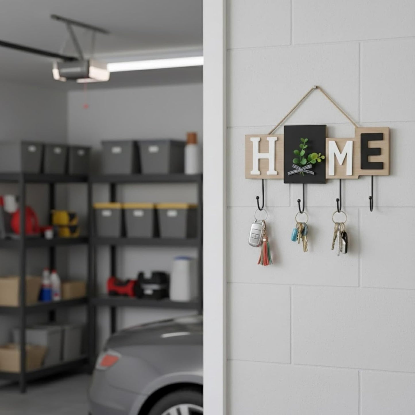 Rare Bird  Wall Mounted Key Holder with Hooks, Wooden “Home” Letter Blocks, Black & Natural Wood Finish Decorative Eucalyptus Accent, Rustic Entryway Home Décor