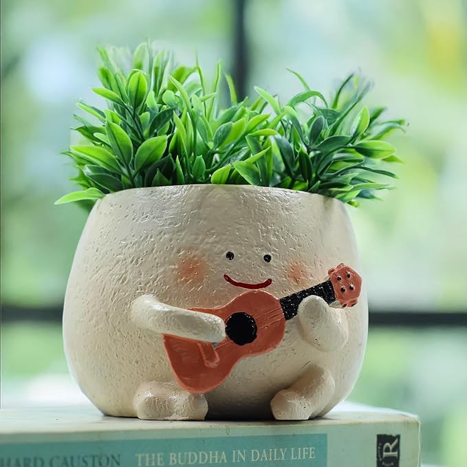Cute Guitar Planter Pot | Smiling Planters for Home Decor | Polyresin Plant Pot for Living Room Table Home Kitchen Decoration