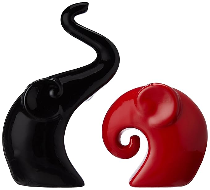 Rare Bird Home Decor Happy Charm Elephant Couple | Piano Finish Ceramic Figures (Set of 2 Piece, Red & Black)