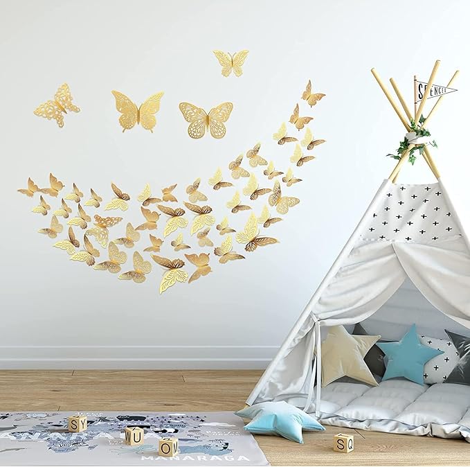 Rare Bird 3D Butterfly Wall Decor - 12pc Shiny Gold Wall Stickers, 3 Sizes & 3 Cutout-Carved Designs - DIY Decorative Decals