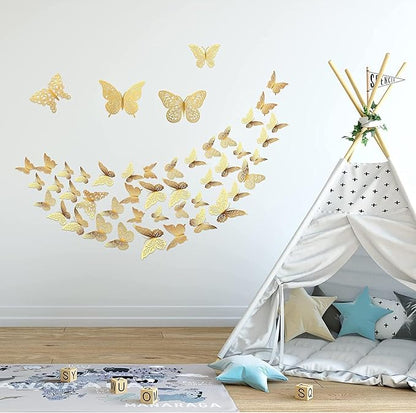 Rare Bird 3D Butterfly Wall Decor - 12pc Shiny Gold Wall Stickers, 3 Sizes & 3 Cutout-Carved Designs - DIY Decorative Decals