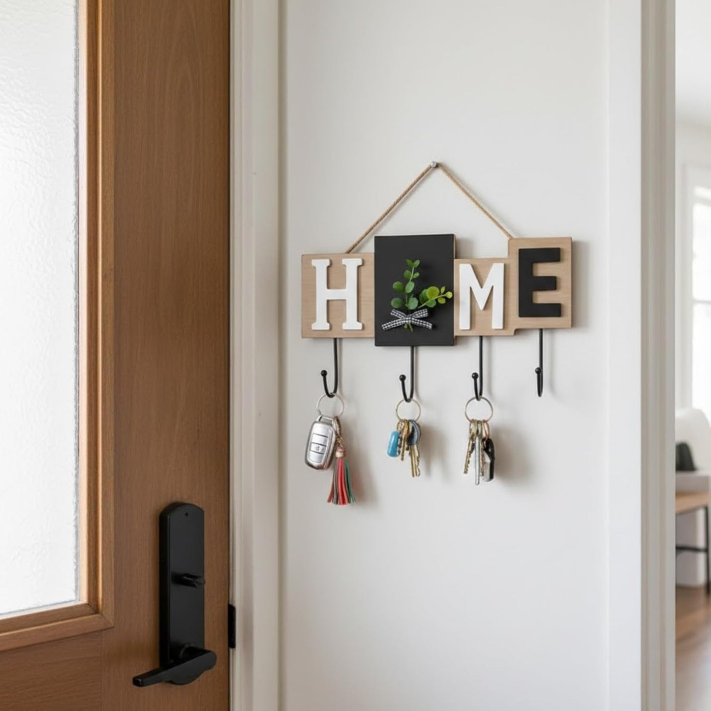 Rare Bird  Wall Mounted Key Holder with Hooks, Wooden “Home” Letter Blocks, Black & Natural Wood Finish Decorative Eucalyptus Accent, Rustic Entryway Home Décor