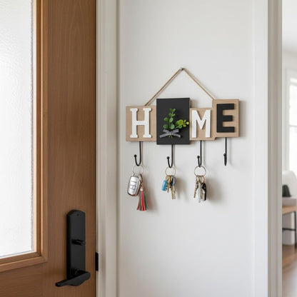 Rare Bird  Wall Mounted Key Holder with Hooks, Wooden “Home” Letter Blocks, Black & Natural Wood Finish Decorative Eucalyptus Accent, Rustic Entryway Home Décor