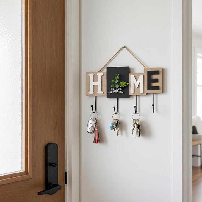 Rare Bird  Wall Mounted Key Holder with Hooks, Wooden “Home” Letter Blocks, Black & Natural Wood Finish Decorative Eucalyptus Accent, Rustic Entryway Home Décor