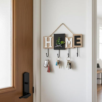 Rare Bird  Wall Mounted Key Holder with Hooks, Wooden “Home” Letter Blocks, Black & Natural Wood Finish Decorative Eucalyptus Accent, Rustic Entryway Home Décor