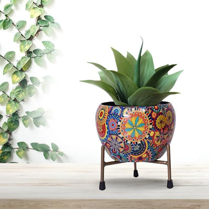 Rare Bird  6x6 Inch Metal Flower Vase Planter Pot with Iron Stand | Indoor Plant Pot for Home Decor | Mandala Fusion Spectrum Style Succulent Planter | Garden & Living Room Decoration.