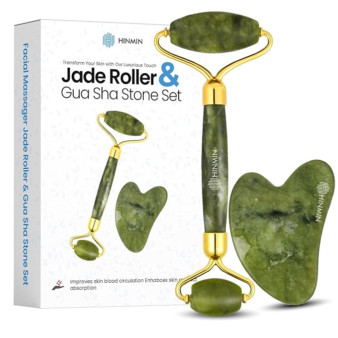 Rare Bird Jade Roller & Gua Sha Set – Natural Green Jade Facial Roller & Massage Tool for Face, Neck & Eyes – Anti-Aging, Wrinkle Reduction, Puffiness & Dark Circles Treatment – Skin Care Tool for Improved Elasticity & Microcirculation