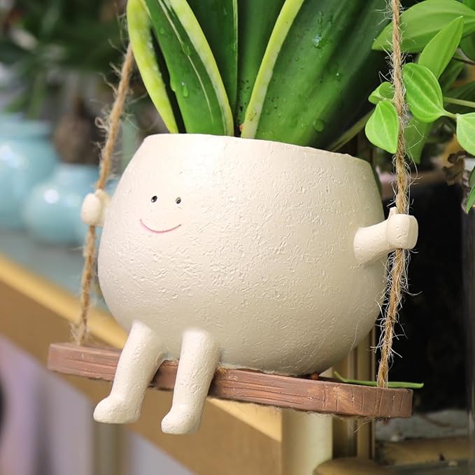 Hanging Smiley Planter Pot – Cute Swing Style Resin Pot for Succulents, Balcony & Indoor Outdoor Home Décor | No Plants or Floral Included (Swing Face Planter Pot)
