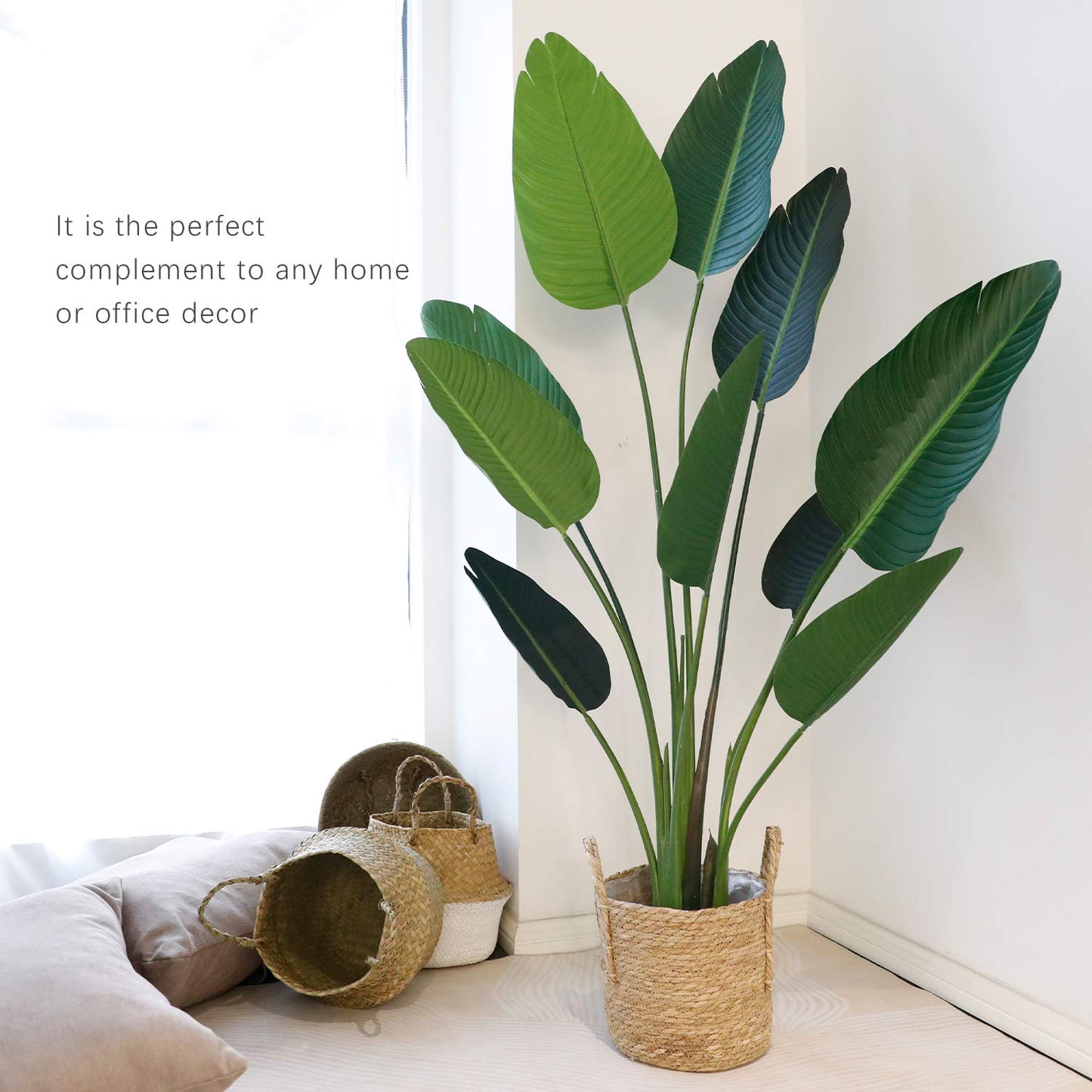 Rare Bird 5ft Artificial Bird of Paradise Plant 59in Fake Tropical Palm Tree,Realistic Faux Silk Plants for Home Office Indoor Outdoor Decor,Black Pot & 20gÃ‚ Dry Moss Included