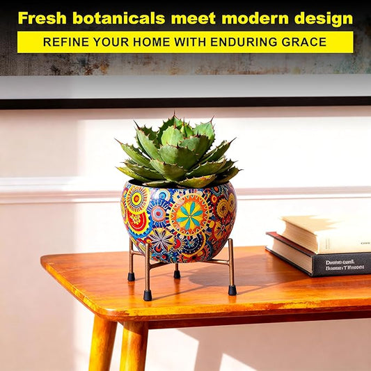 Rare Bird  6x6 Inch Metal Flower Vase Planter Pot with Iron Stand | Indoor Plant Pot for Home Decor | Mandala Fusion Spectrum Style Succulent Planter | Garden & Living Room Decoration.
